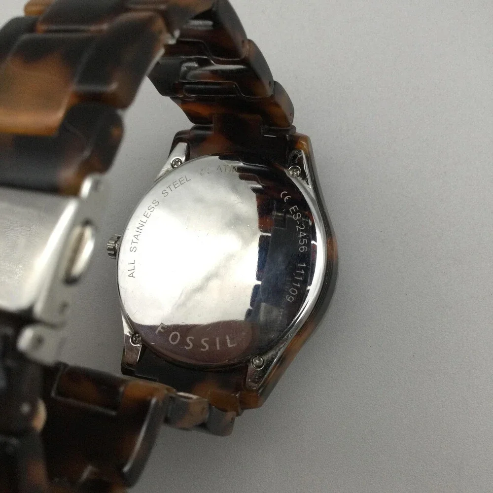 Fossil Stella ES2456 Womens Watch 37mm Faux Tortoise Crystals New Battery 6.75